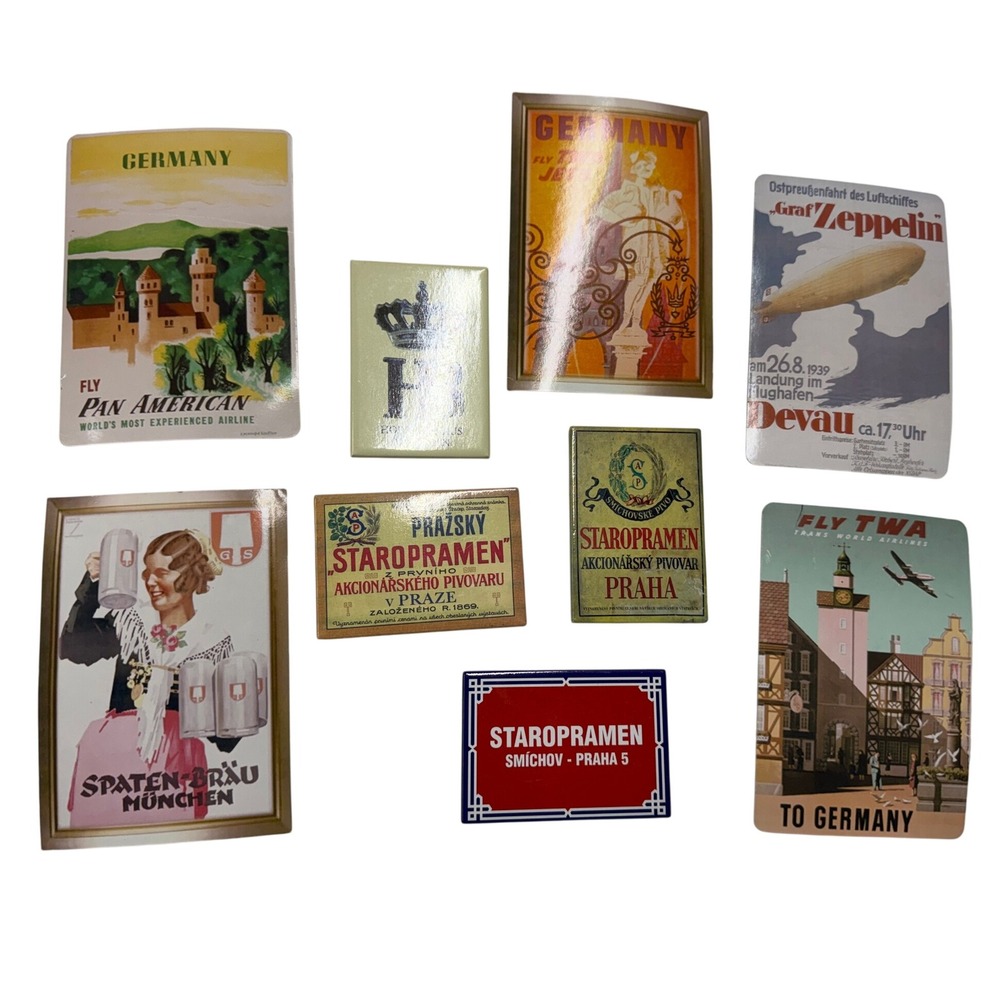 Vintage Travel Brewery Sticker Lot Pan Am TWA Zeppelin Spaten Staropramen 9pc